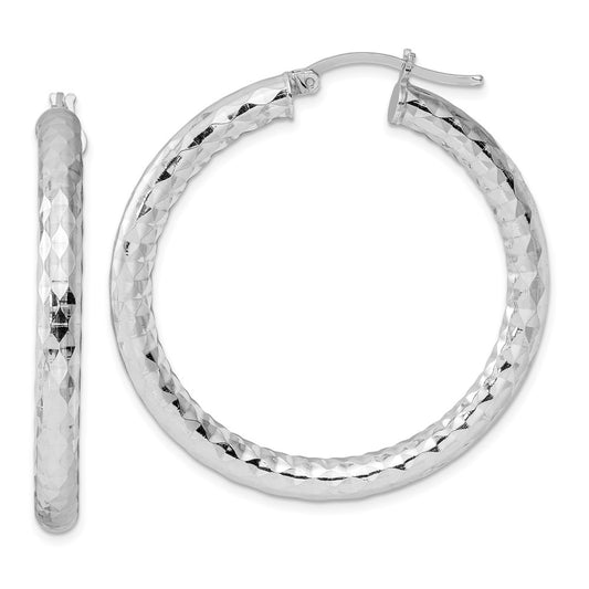 Sterling Silver Rhodium-Plated Textured 4X40mm Hoop Earrings