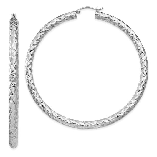 Sterling Silver Rhodium-Plated Textured 4X65mm Hoop Earrings