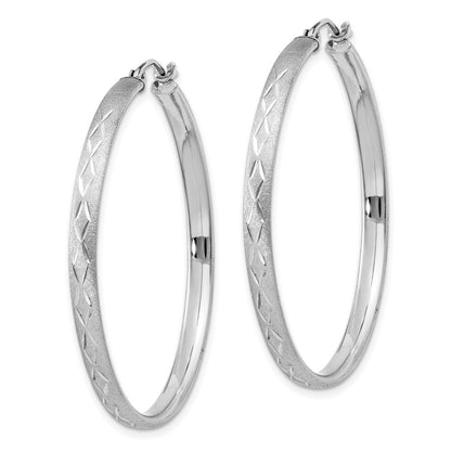 Sterling Silver Rhodium-Plated 3mm Satin Diamond-Cut Hoop Earrings