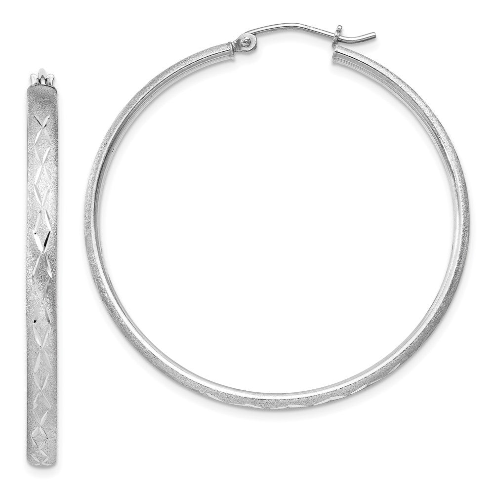 Sterling Silver Rhodium-Plated 3mm Satin Diamond-Cut Hoop Earrings