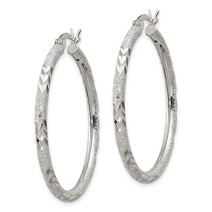 Sterling Silver 2.5mm Diamond-Cut Laser-Cut Hinged Hoop Earrings