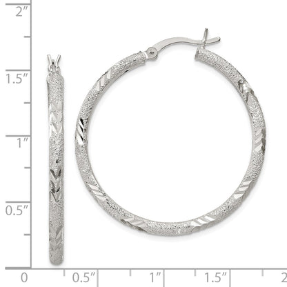 Sterling Silver 2.5mm Diamond-Cut Laser-Cut Hinged Hoop Earrings