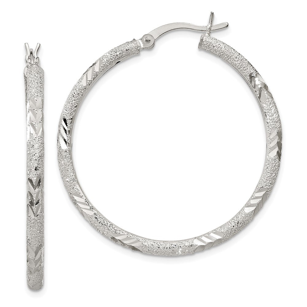Sterling Silver 2.5mm Diamond-Cut Laser-Cut Hinged Hoop Earrings