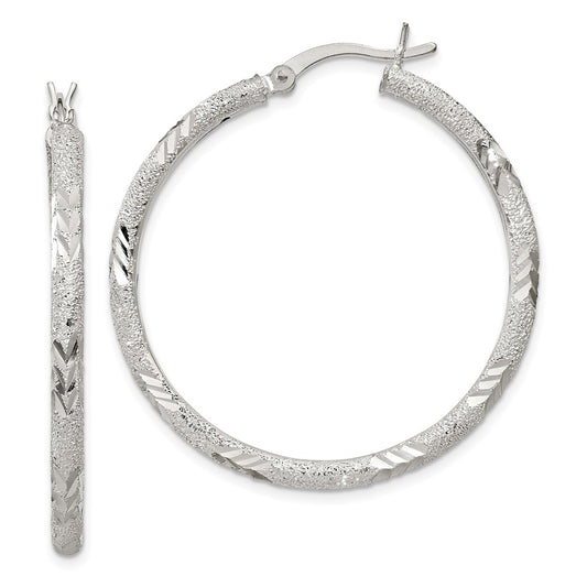 Sterling Silver 2.5mm Diamond-Cut Laser-Cut Hinged Hoop Earrings
