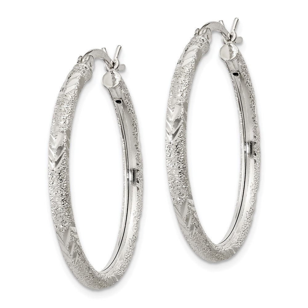 Sterling Silver 2.5mm Diamond-Cut Laser-Cut Hinged Hoop Earrings