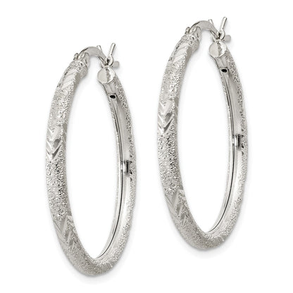 Sterling Silver 2.5mm Diamond-Cut Laser-Cut Hinged Hoop Earrings