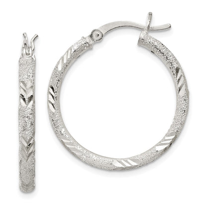 Sterling Silver 2.5mm Diamond-Cut Laser-Cut Hinged Hoop Earrings