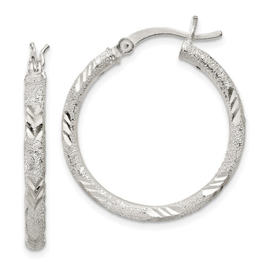 Sterling Silver 2.5mm Diamond-Cut Laser-Cut Hinged Hoop Earrings