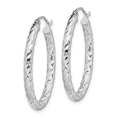 Sterling Silver Rh-Plated D/C Textured 3mm Oval Hoop Earrings