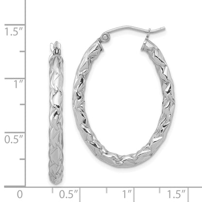 Sterling Silver Rh-Plated D/C Textured 3mm Oval Hoop Earrings