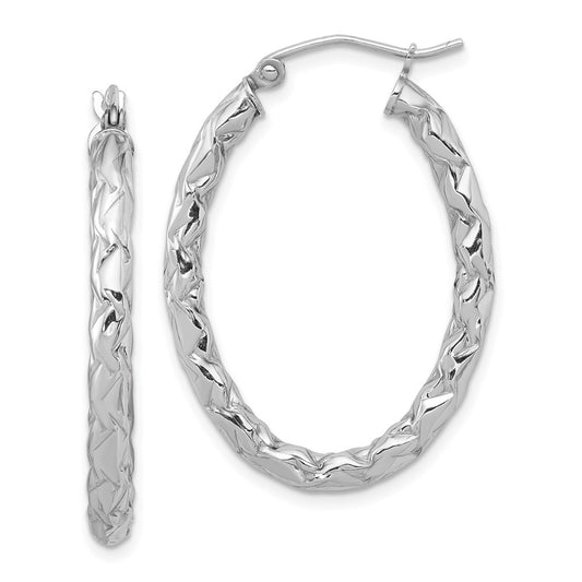 Sterling Silver Rh-Plated D/C Textured 3mm Oval Hoop Earrings