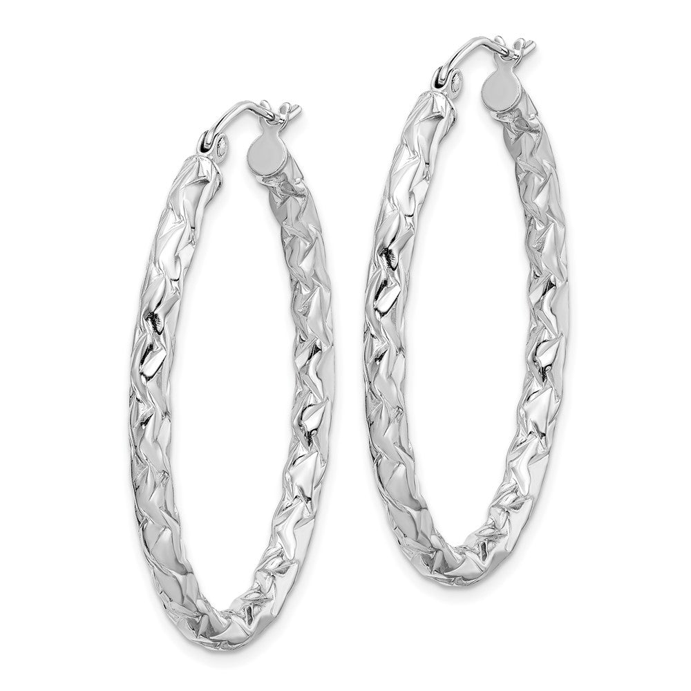 Sterling Silver Rh-Plated D/C Textured 3mm Oval Hoop Earrings