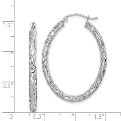 Sterling Silver Rh-Plated D/C Textured 3mm Oval Hoop Earrings