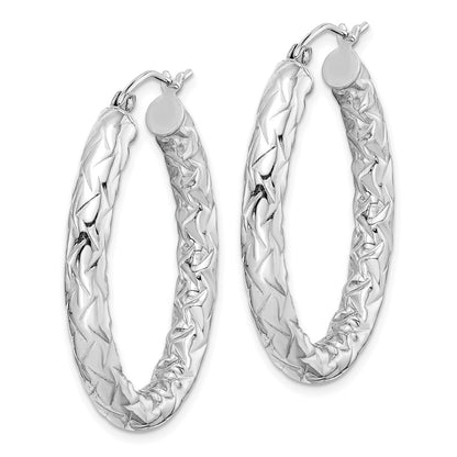 Sterling Silver Rh-Plated D/C Textured 4mm Oval Hoop Earrings