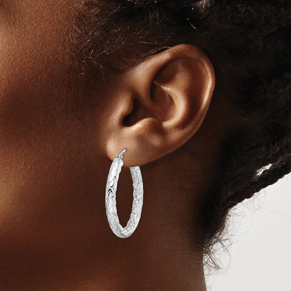 Sterling Silver Rh-Plated D/C Textured 4mm Oval Hoop Earrings