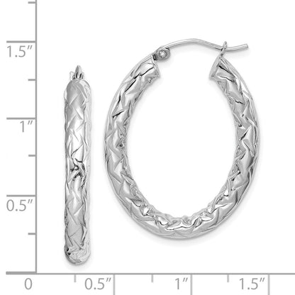Sterling Silver Rh-Plated D/C Textured 4mm Oval Hoop Earrings