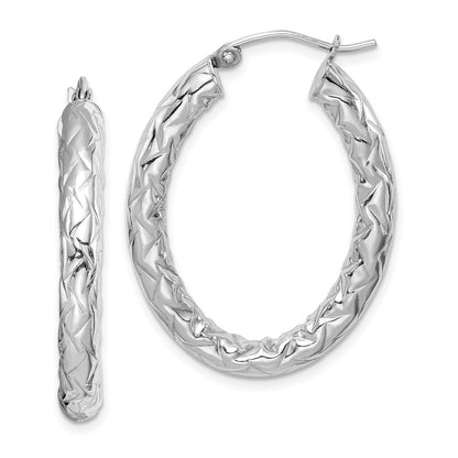 Sterling Silver Rh-Plated D/C Textured 4mm Oval Hoop Earrings