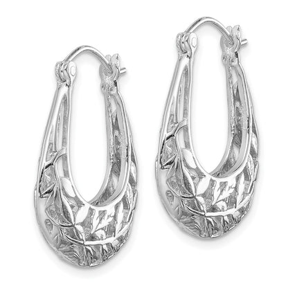 Sterling Silver Rhodium-Plated Polished Leaves Oval Hoop Earrings