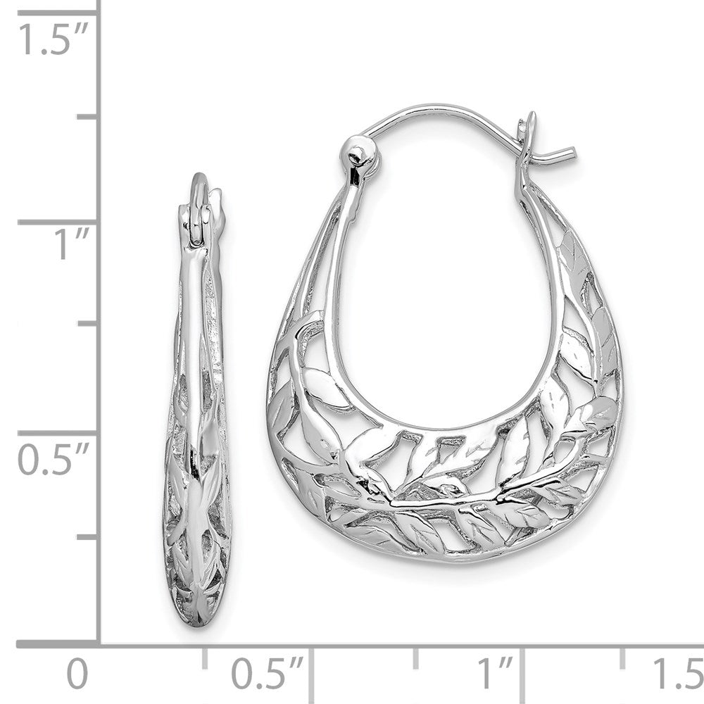 Sterling Silver Rhodium-Plated Polished Leaves Oval Hoop Earrings