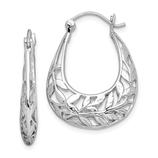 Sterling Silver Rhodium-Plated Polished Leaves Oval Hoop Earrings