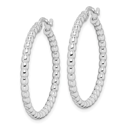 Sterling Silver Rhodium-Plated Beaded 3X25mm Hoop Earrings