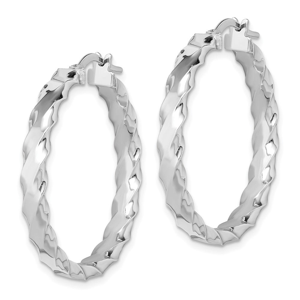 Sterling Silver Rh-Plated Scalloped Edge 4mm Round Hoop Earrings