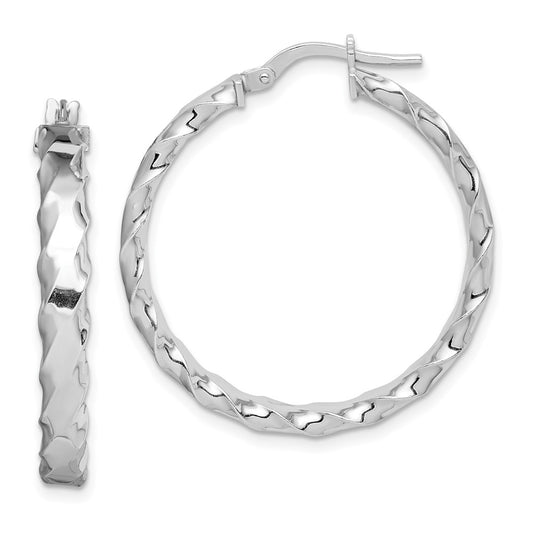 Sterling Silver Rh-Plated Scalloped Edge 4mm Round Hoop Earrings