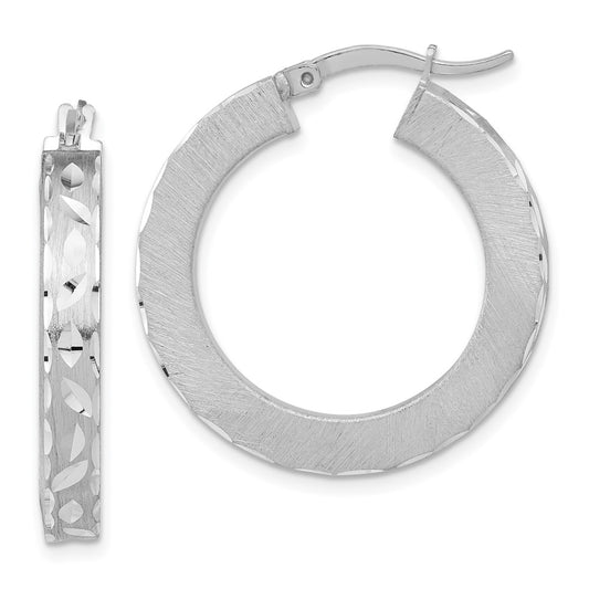 Sterling Silver Rhodium-Plated Diamond-Cut Round Hoop Earrings