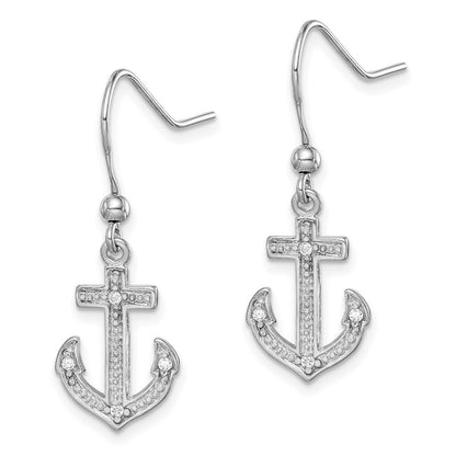 Sterling Silver Rhodium-Plated Polished Cz Anchor Shepherd Hook Earrings