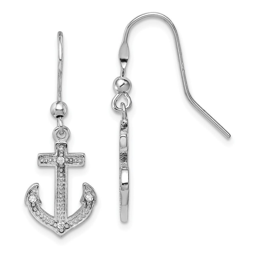 Sterling Silver Rhodium-Plated Polished Cz Anchor Shepherd Hook Earrings