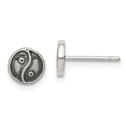 Sterling Silver Polished And Antiqued Yin Yang Sign Post Earrings