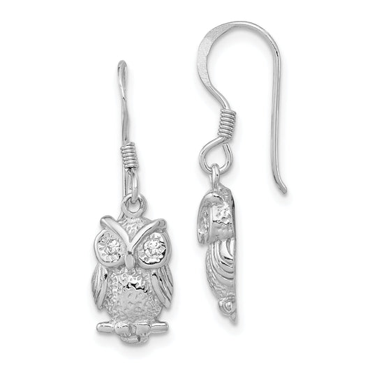 Sterling Silver Rhodium-Plated Cz Owl Shepherd Hook Earrings