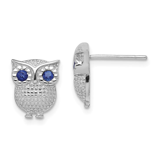 Sterling Silver Rh-Plated Blue Glass Owl Post Earrings