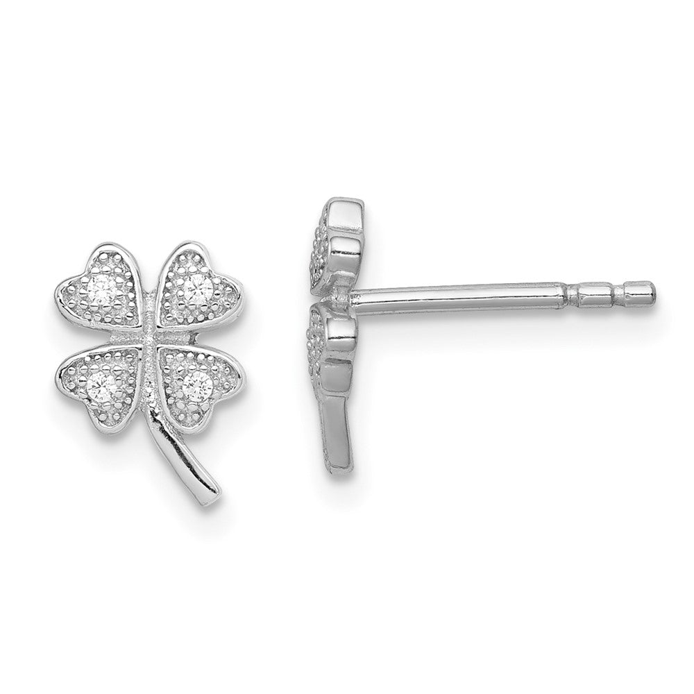Sterling Silver Rhodium-Plated Polished Cz 4 Leaf Clover Post Earrings