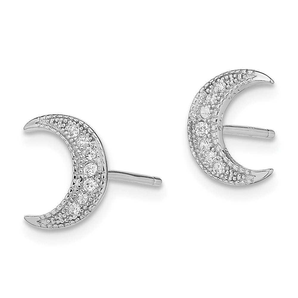 Sterling Silver Rhodium-Plated Cz Crescent Moon Post Earrings