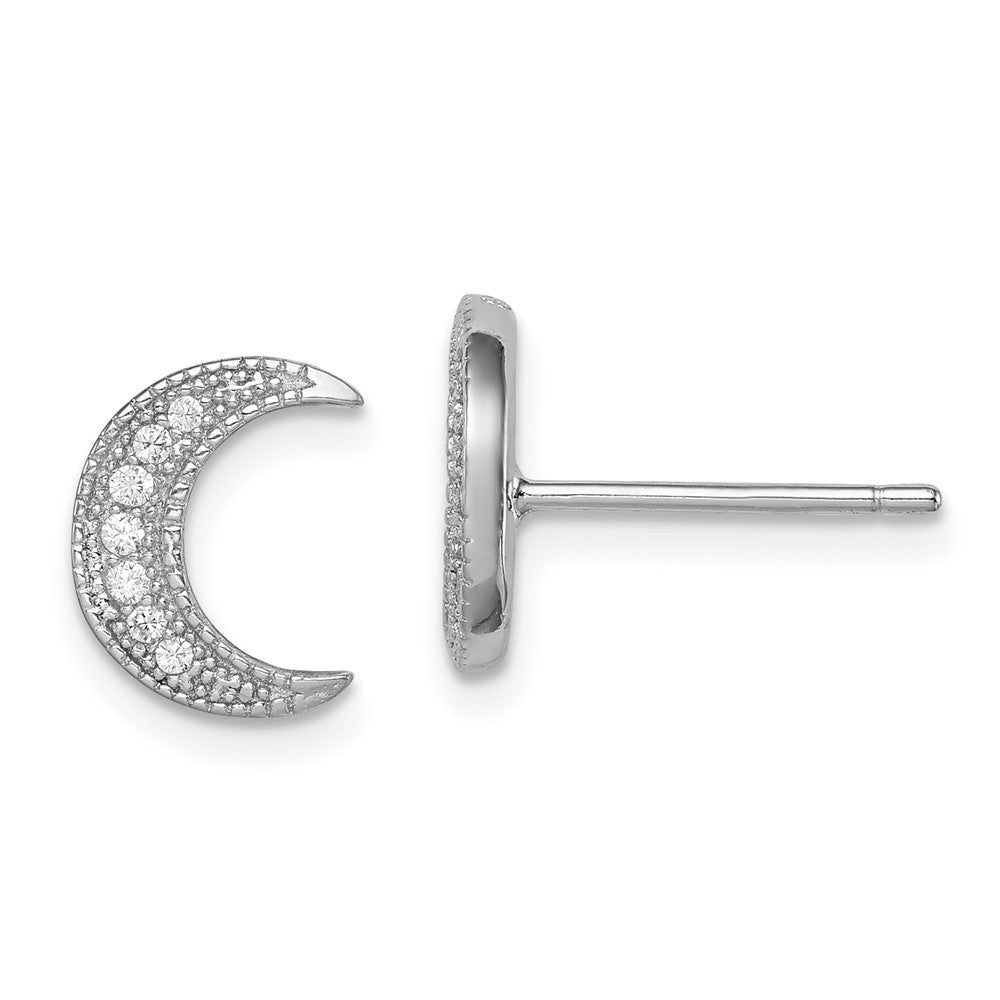 Sterling Silver Rhodium-Plated Cz Crescent Moon Post Earrings