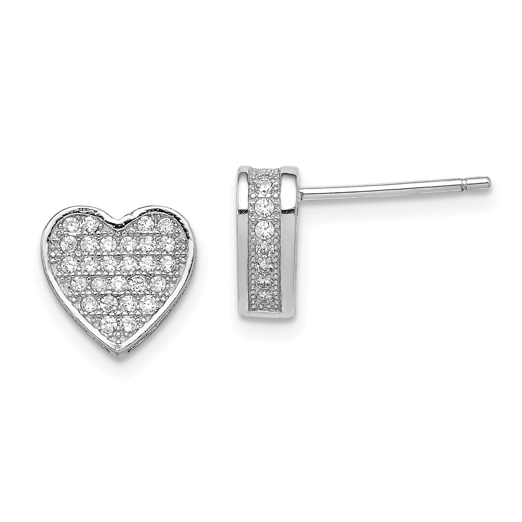 Sterling Silver Rhodium-Plated Cz Micro Pav Heart Post Earrings