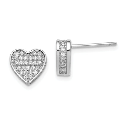 Sterling Silver Rhodium-Plated Cz Micro Pav Heart Post Earrings
