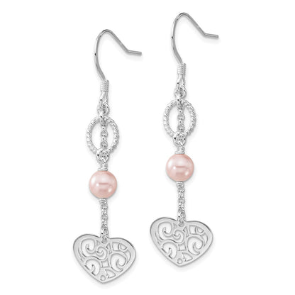 Sterling Silver Fw Cultured Pearl Dangle Heart Earrings
