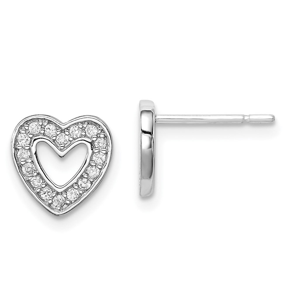 Sterling Silver Rhodium-Plated Cz Heart Post Earrings