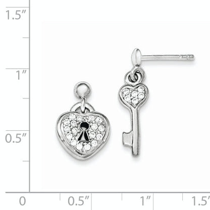Sterling Silver Polished Cz Heart Lock & Key Post Dangle Earrings