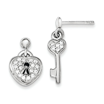 Sterling Silver Polished Cz Heart Lock & Key Post Dangle Earrings