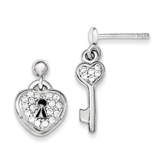 Sterling Silver Polished Cz Heart Lock & Key Post Dangle Earrings