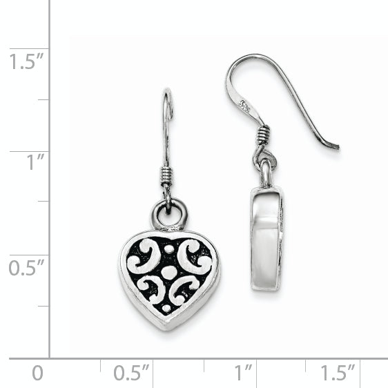 Sterling Silver Polished & Antiqued Heart Dangle Shepherd Hook Earrings
