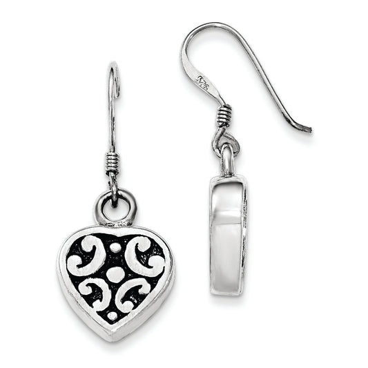 Sterling Silver Polished & Antiqued Heart Dangle Shepherd Hook Earrings