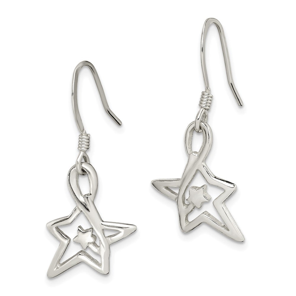 Sterling Silver Polished Diamond-Cut Star Dangle Earrings