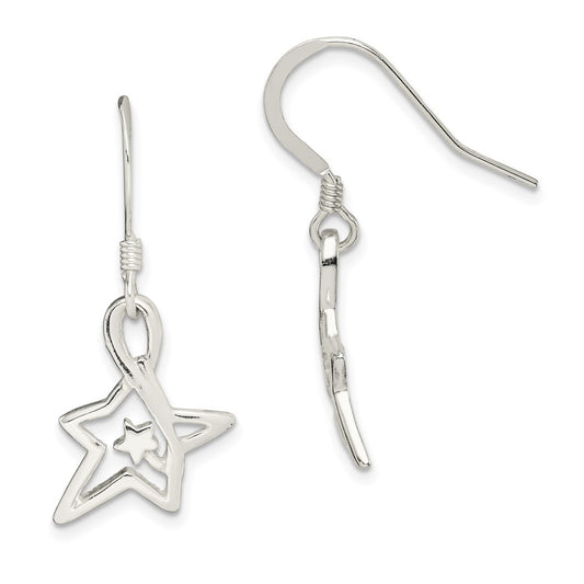 Sterling Silver Polished Diamond-Cut Star Dangle Earrings