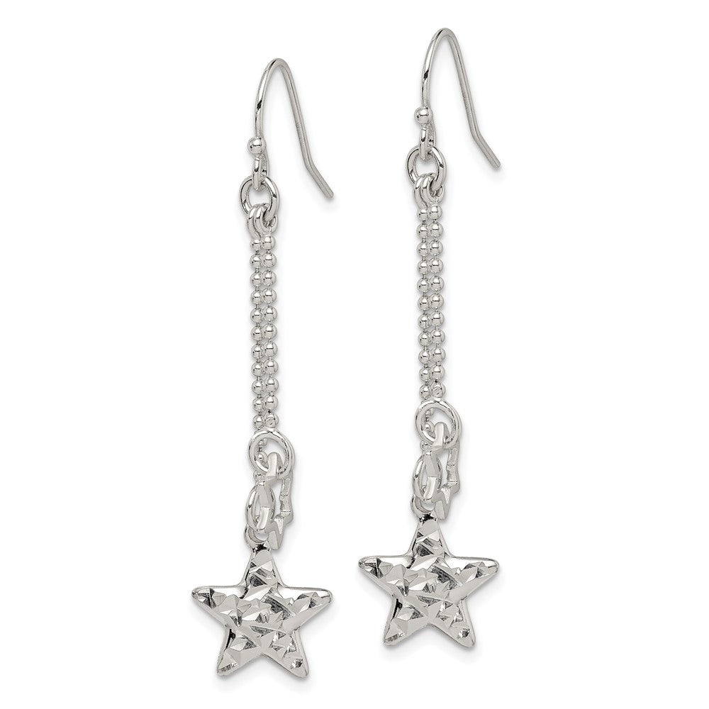 Sterling Silver Diamond-Cut Star Dangle Shepherd Hook Earrings