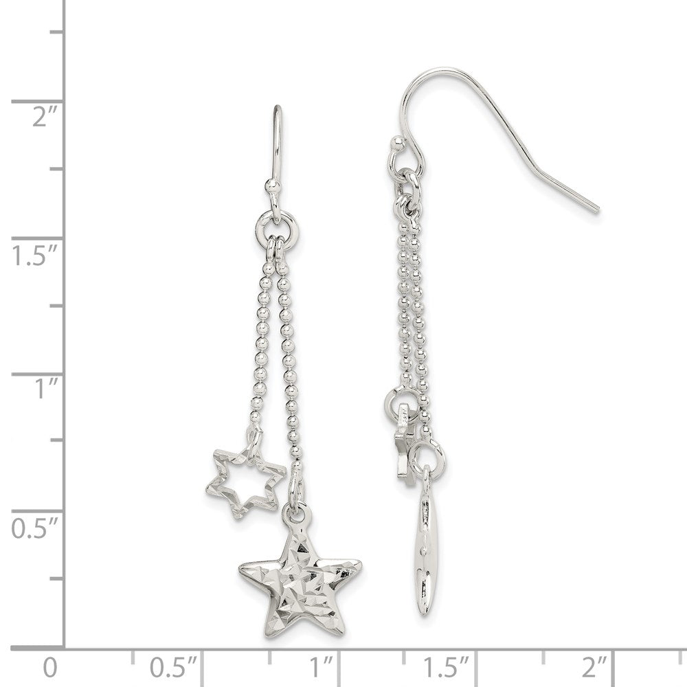 Sterling Silver Diamond-Cut Star Dangle Shepherd Hook Earrings