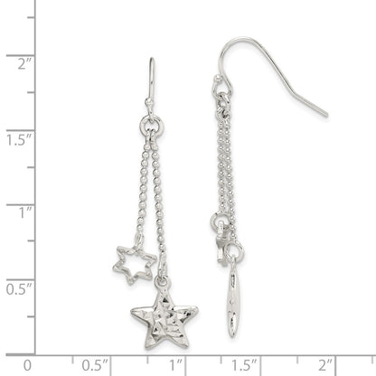 Sterling Silver Diamond-Cut Star Dangle Shepherd Hook Earrings